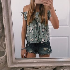 Mint Off the Shoulder Flower Print Top